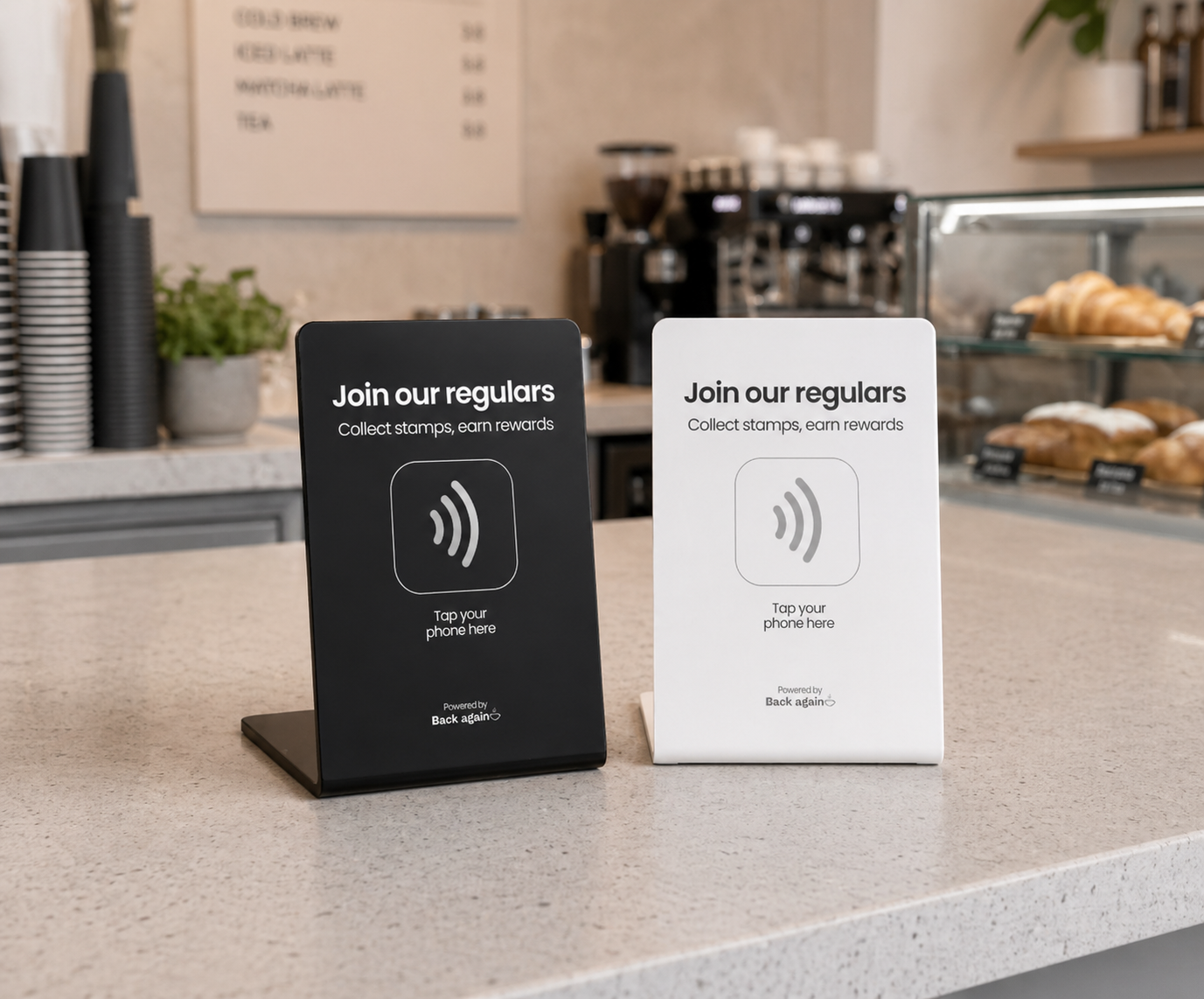 Back Again NFC counter signs in matte black and crisp white